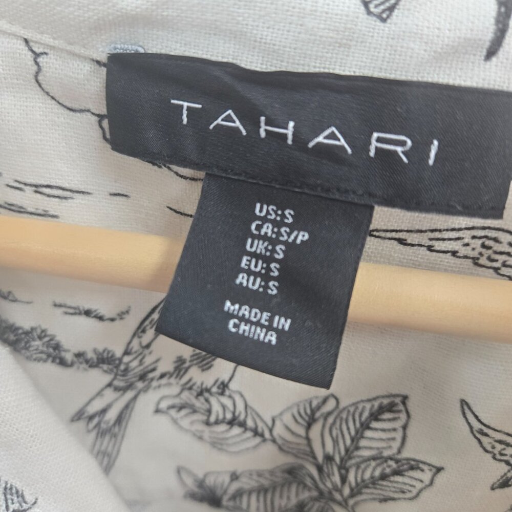 Tahari Cream Black Tropical Print Linen Blend Mini Shirt Dress Size Small - Picture 3 of 10